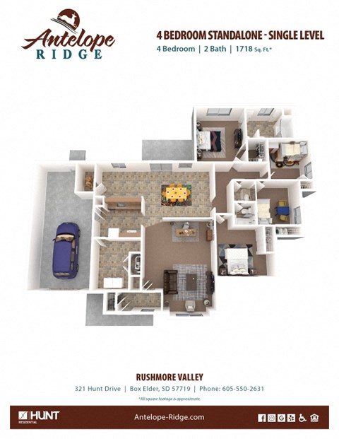 Floor plan for 4 beds, 2 baths, 1718 sqft